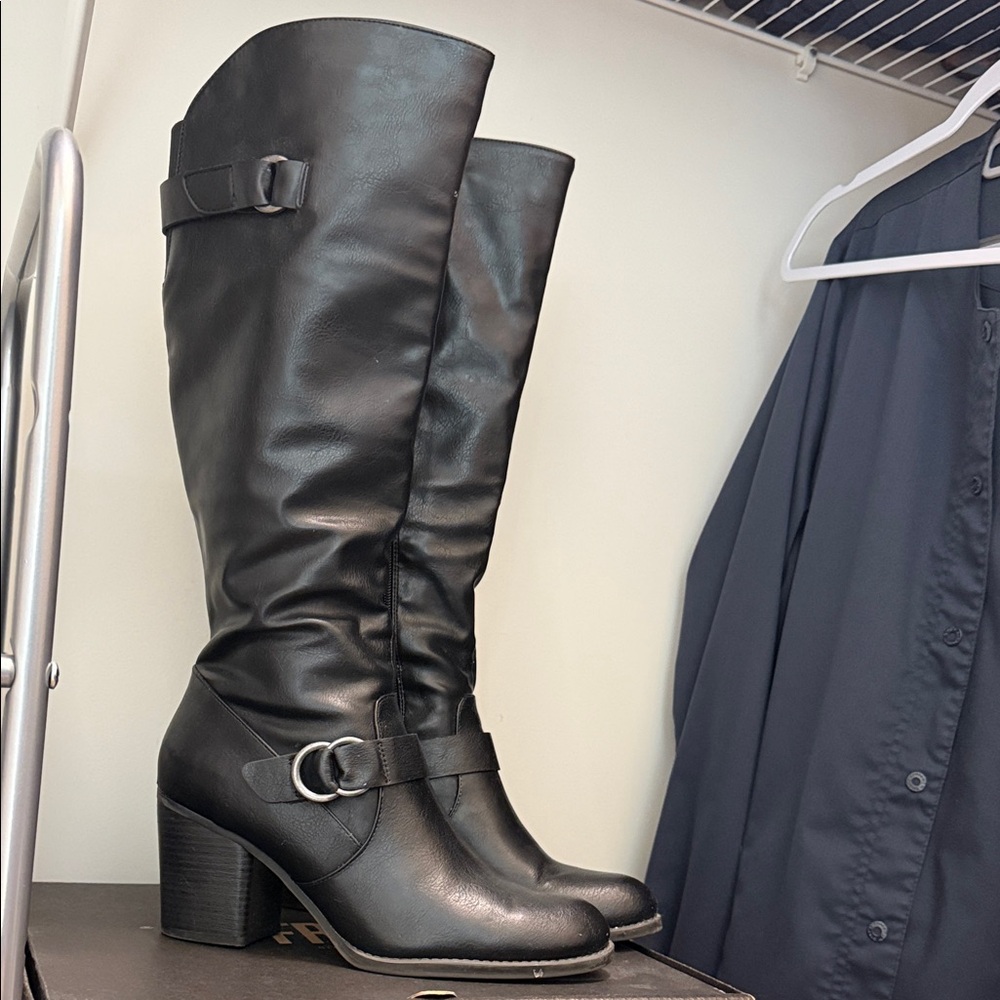 NATURAL SOUL Knee-High Black Leather High Heel Boots